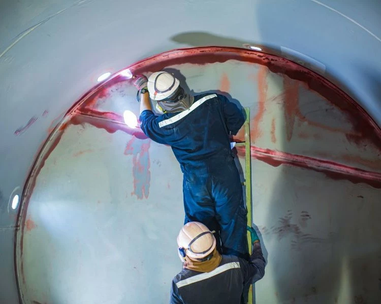 liquid penetrant testing on a pipe, nondestructive testing (NDT)