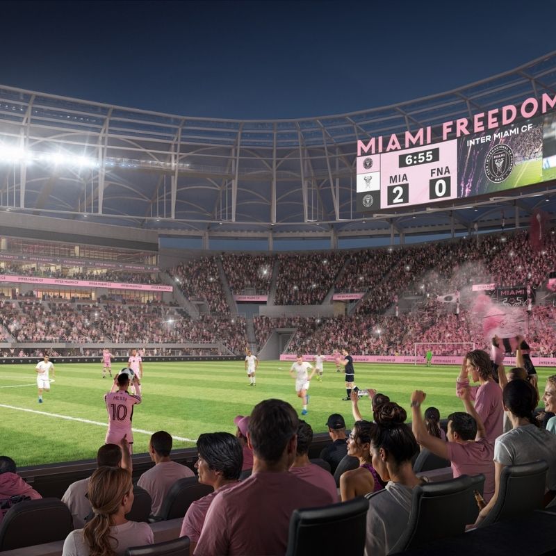 Rendering of crowd and Inter Miami CF in the upcoming Miami Freedom Park Stadium