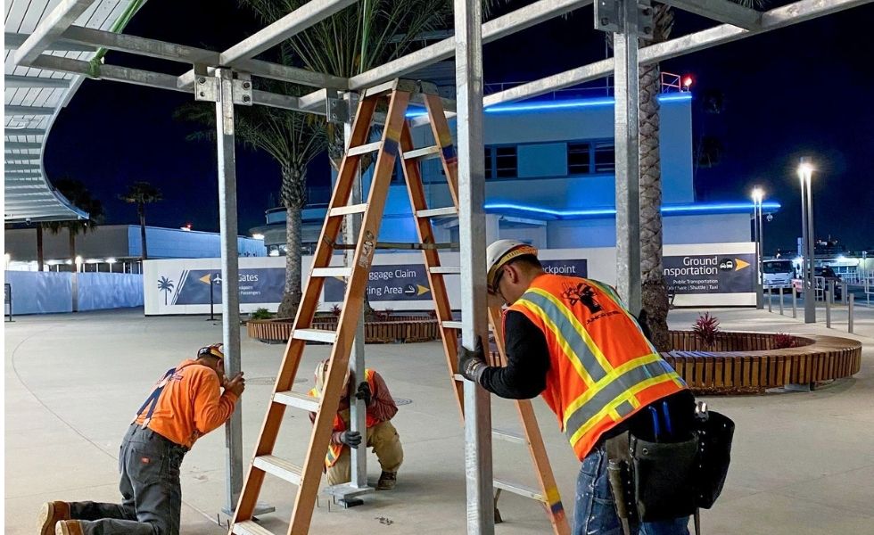 Long beach airport, Evening construction, Site installation, Safety protocols