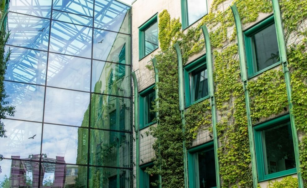 Retrofitted public building with a green façade
