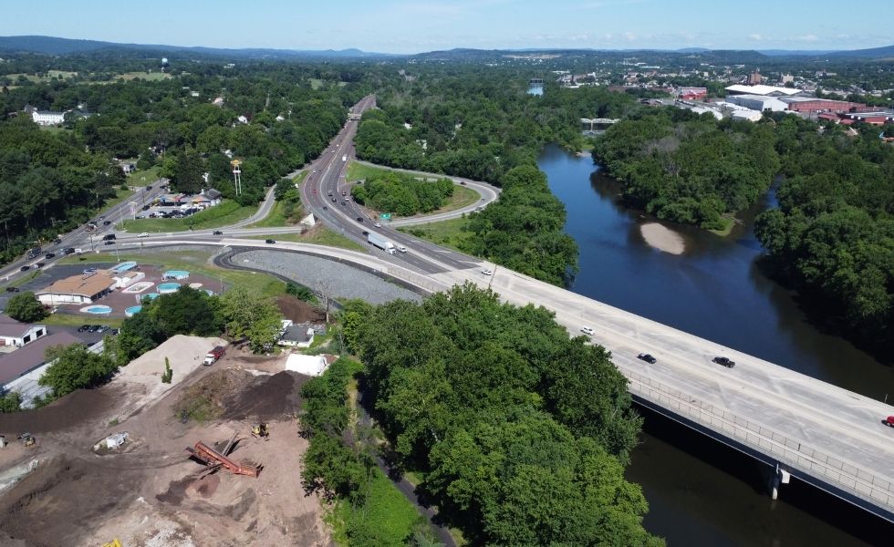 Aerial drone view of a newly constructed highway interchange
