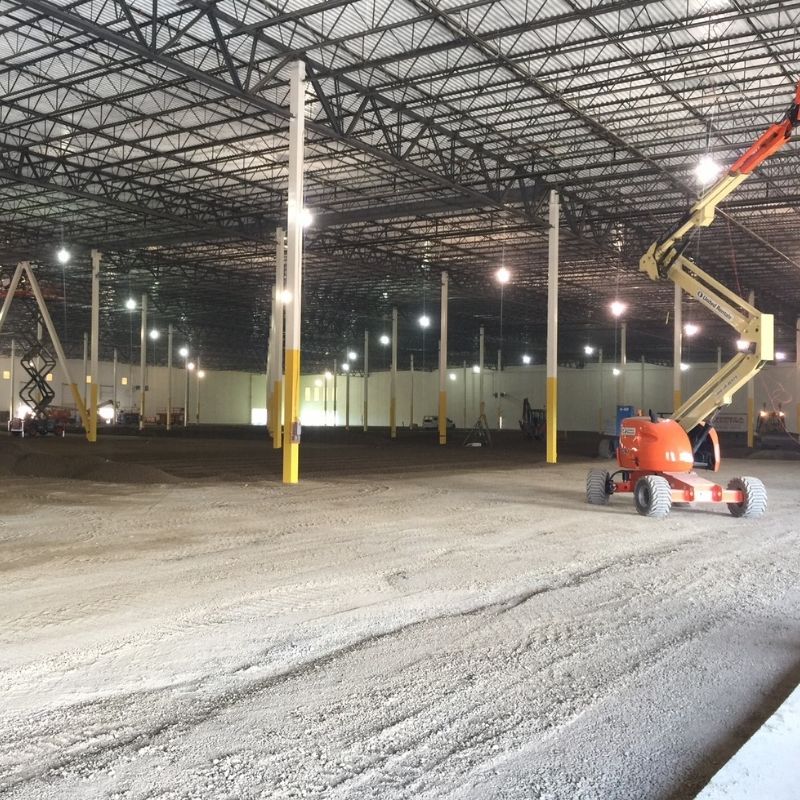Interior view of a large warehouse under construction at the Matrix Business Park