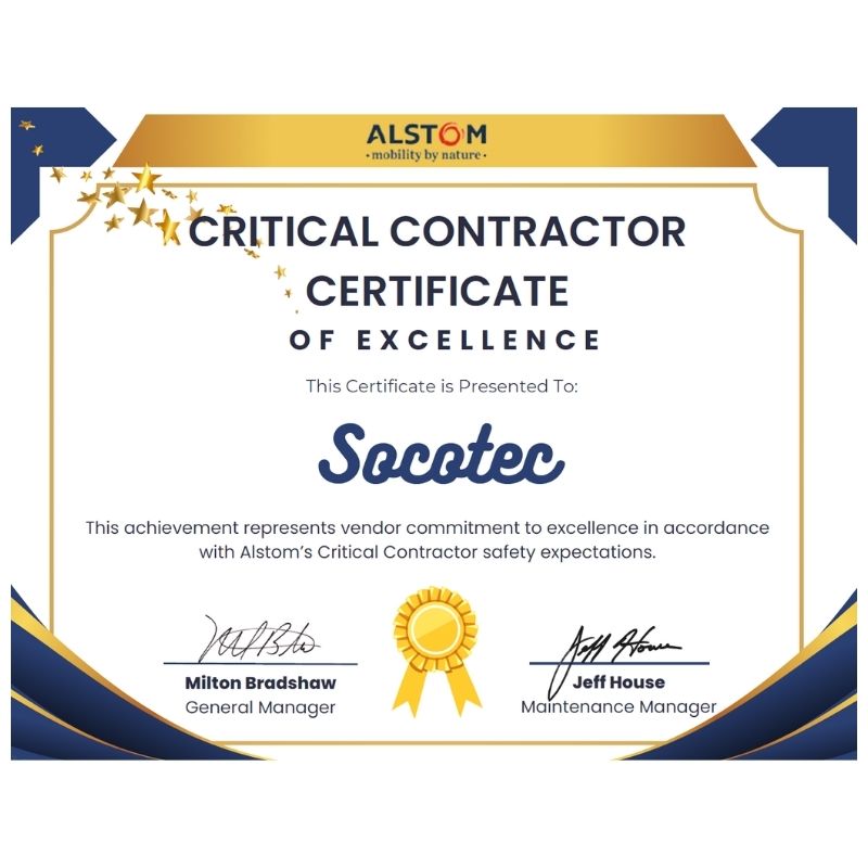 Alstom Critical Contractor Certificate of Excellence 2025 SOCOTEC US