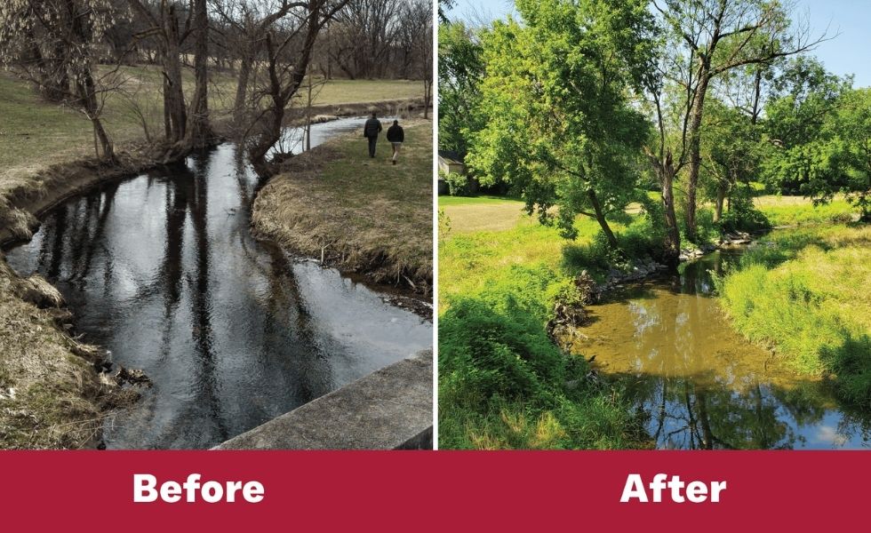 Coplay Creek Stream Bank Restoration, PA before-and-after comparison showing the restored stream bank