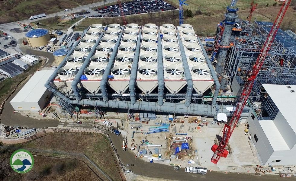 Aerial view of the air-cooled condenser system and power plant infrastructure under construction at the CPV Valley Energy Center in Waywayanda, New York.