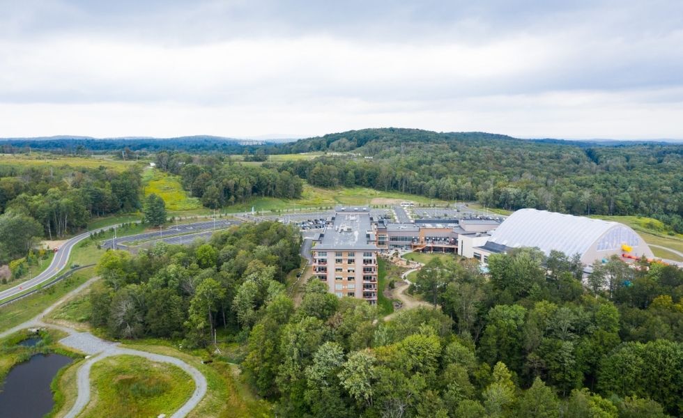 erial overview of The Kartrite Resort & Indoor Water Park, NY, highlighting the completed resort complex, indoor water park