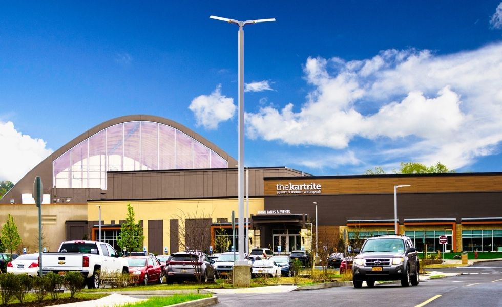 Completed exterior view of The Kartrite Resort & Indoor Water Park, NY, showing the main entrance, indoor water park structure