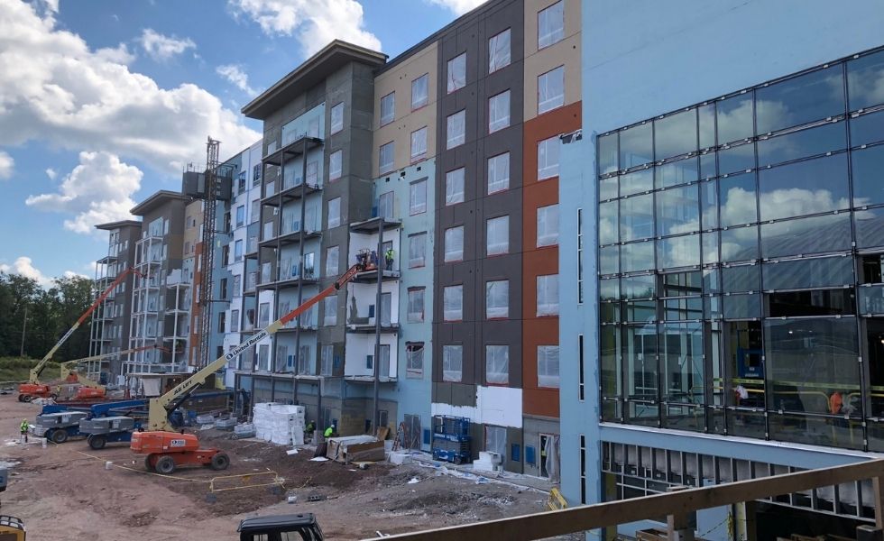 tel and resort building construction at The Kartrite Resort & Indoor Water Park, NY. The image shows exterior façade installation