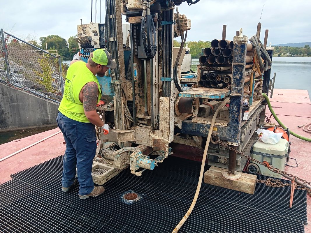 Memorial Lake Dam upgrade Pennsylvania barge drilling