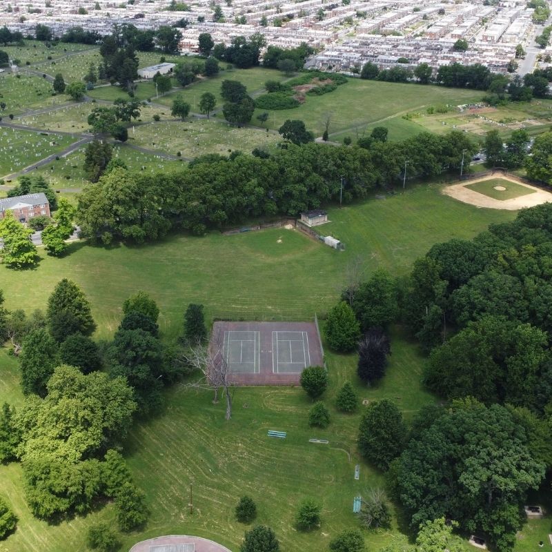 Aerial view of the Wissinoming Park project featuring green