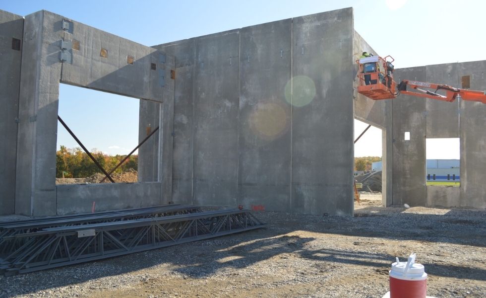 Precast concrete wall panels being erected at the United Natural Foods Distribution Facility in Wallkill, New York