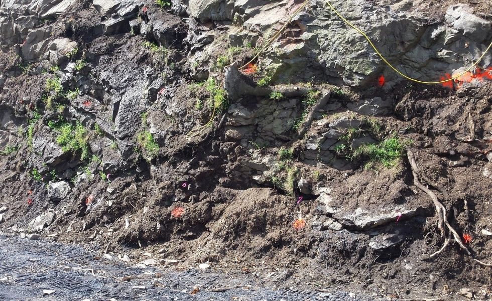 US 11/15 Rock Slope Safety Improvement, PA project: exposed rock face following vegetation and loose material removal in preparation for slope stabilization and rockfall mitigation measures.