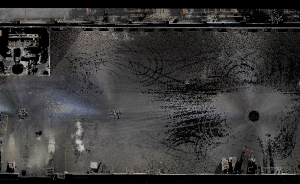 High-angle 3D laser scan point cloud showing the interior and exterior of the PhilaPort Pier 82S warehouse structure
