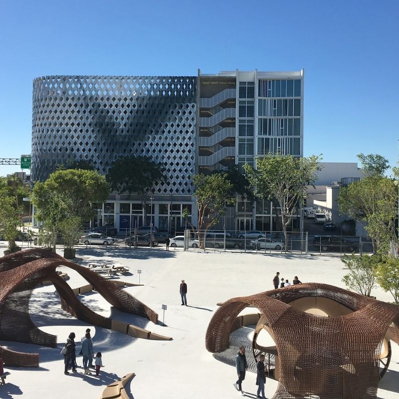 Public plaza at the Miami Design District featuring sculptural installations and contemporary architecture.