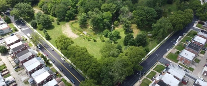 Aerial view of Wissinoming Park in Philadelphia, Pennsylvania, showing green space surrounded by residential streets and neighborhoods.